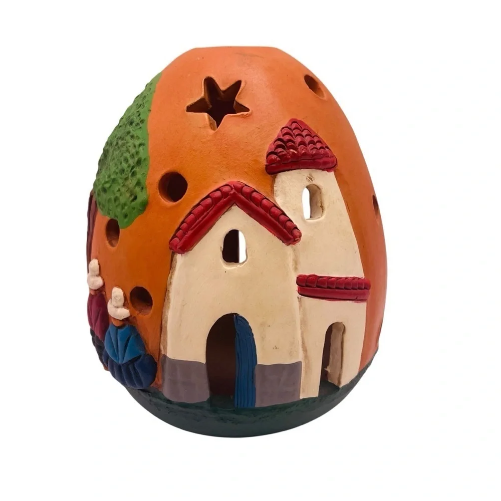 Peruvian Folk Art Nativity Tea Light Holder Hand Painted Terracotta 5.5